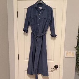 Striped Button-Front Blue Shirt Dress with Tie Waist